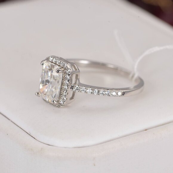 Certified 2.0 ct Halo Radiant Cut Moissanite Engagement Ring 925 Sterling - Picture 3 of 7